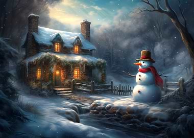 Snowy Cottage with Snowman