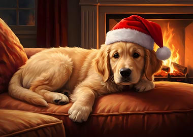 Golden Retriever with Santa Hat by Fireplace