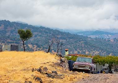 Vintage Truck in Rural Landscape, Greek Island