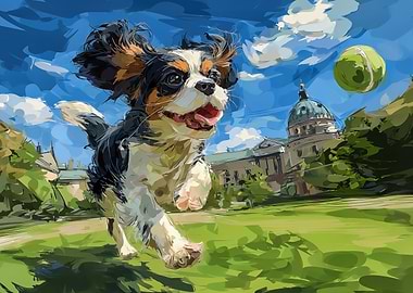 Cavalier King Charles Spaniel Running with Tennis Ball