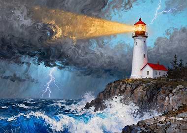 Lighthouse in Stormy Weather Painting