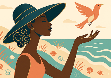 Black Woman in Hat Releasing Bird on Beach
