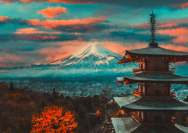 Mount Fuji view with Japanese Pagoda Painting