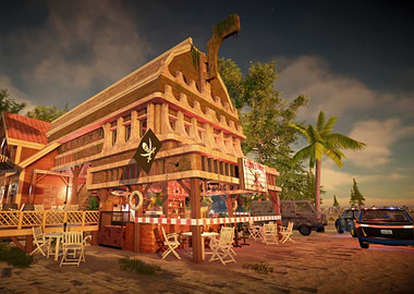 House Flipper 2 Pirate-themed beach bar with outdoor seating