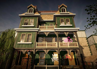 Dilapidated Green Building with Graffiti House Flipper 2