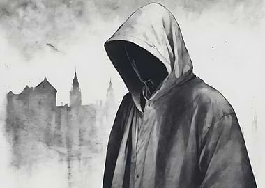 Hooded Figure in Monochrome Landscape