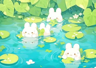Cute Bunnies Lily Pond