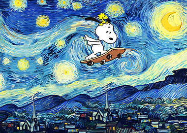 Snoopy Skateboarding in Starry Night