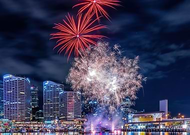 City Skyline Fireworks at Night