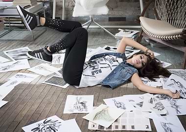 Woman Lying on Sketches with Adidas Shoes