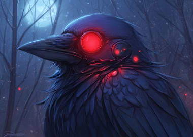 Cyberpunk Raven with Glowing Red Eyes