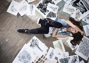 Woman Surrounded by Art Sketches