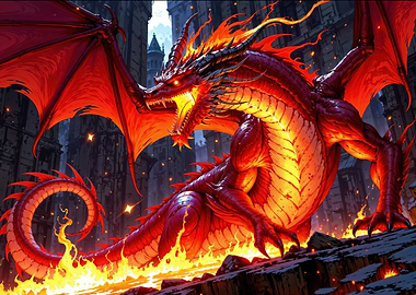 Fiery Red Dragon in Cityscape