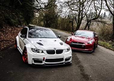 BMW and Nissan sports cars on road