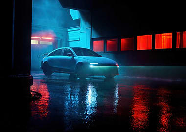 Sleek car in a neon cityscape Hyundai Ioniq 6