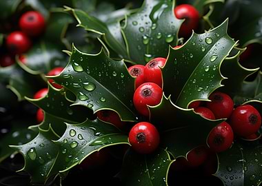 Holly Berries and Leaves with Water