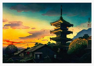 Japanese Pagoda at Sunset