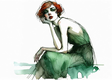 Woman in Green Dress Watercolor Painting