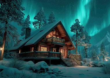 Winter Cabin Under Aurora Borealis