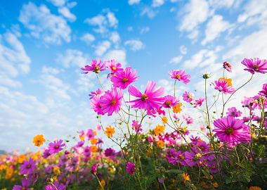 Pink and Yellow Cosmos Flowers Field