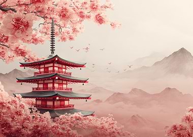 Japanese Pagoda with Cherry Blossoms