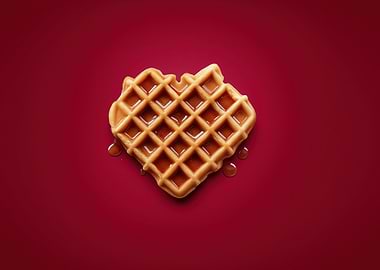 Heart-shaped waffle with syrup on red