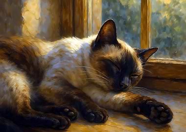 Sleeping Siamese Cat by the Window