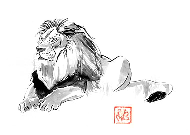Resting Lion Ink Drawing