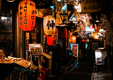 Japanese Street with Lanterns at Night
