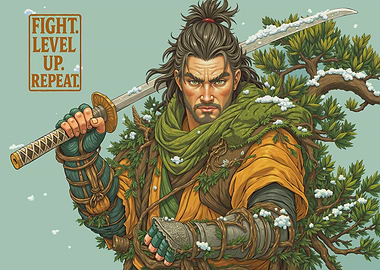 Samurai Warrior with Sword and Foliage