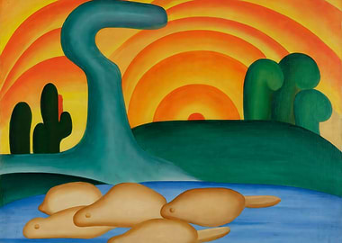 Abstract Landscape with Sun and Figures, tarsila do amaral painting