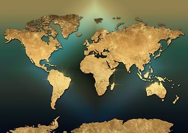Golden World Map on Teal Background