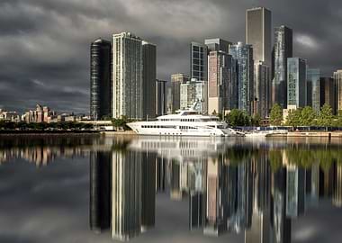 Chicago Skyline with Yacht Reflection
