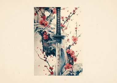 Katana with Cherry Blossoms and Waves