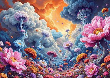 Surreal Floral Landscape with Cloud Trees