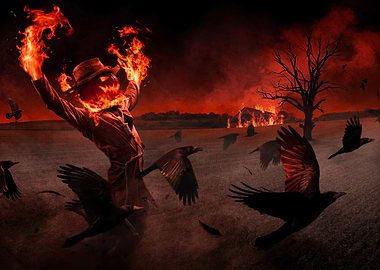 Fiery Scarecrow with Crows and Burning Building