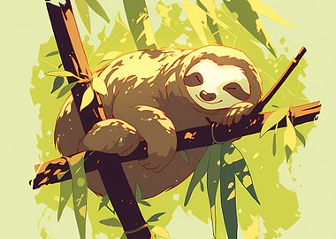 Sleeping Sloth on Branch Illustration