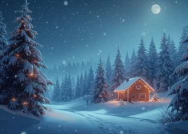 Winter Cabin in Snowy Forest