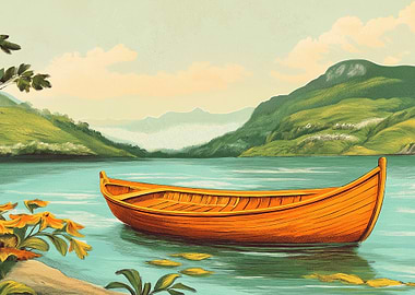 Orange Boat on Lake Landscape