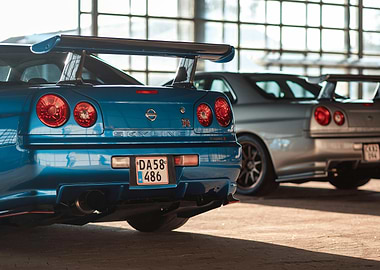 Blue Nissan Skyline R34 GT-R Rear View
