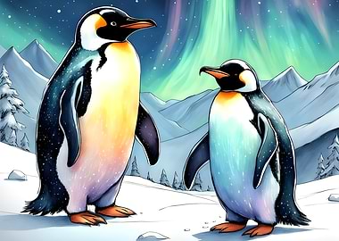 Two Penguins Under Aurora Borealis