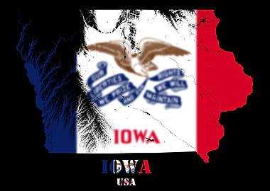 Iowa USA State Topographic Contour Relief Map blending terrain features into its emblematic colorful flag