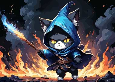 Wizard Cat in Fiery Landscape