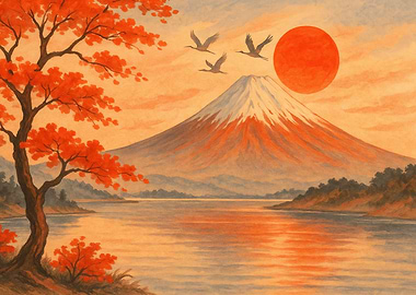Crimson Mountain Art | Japanese Sunset Landscape | Red Sun Nature
