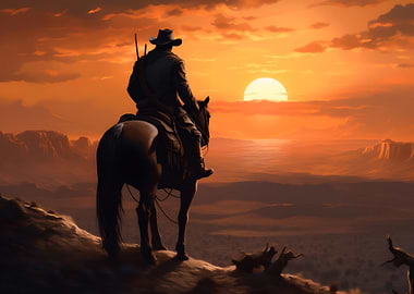 Cowboy on Horseback at Sunset