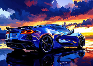 Blue Corvette at Sunset