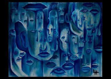 “Faces in Blue – Hypnotic Surreal Art with Electric BUZZ Energy”