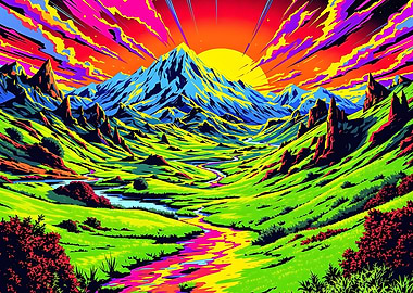 Psychedelic Mountain Landscape with Rising Sun