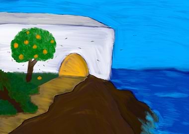 Coastal House with Orange Tree Painting