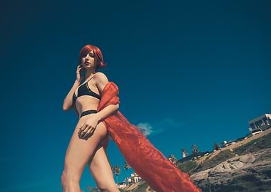 Captivating Woman in Black Bikini with Striking Red Scarf
